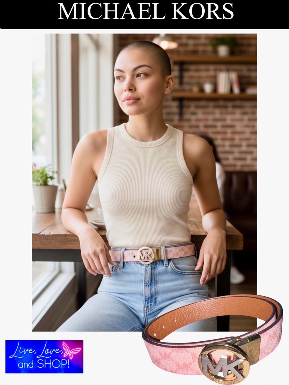 MICHEAL KORS Pink MK Signature Monogram Reversible Belt, EUC